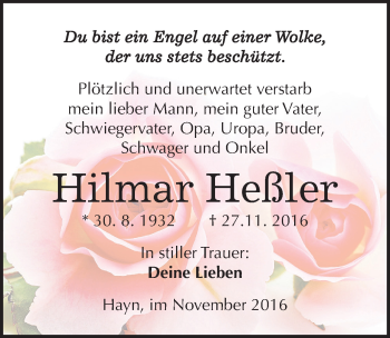 Traueranzeige von Hilmar Heßler von Mitteldeutsche Zeitung Sangerhausen