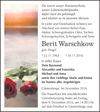 Traueranzeige von Berit Warschkow von WVG - Wochenspiegel Quedlinburg