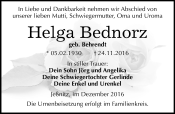 Traueranzeige von Helga Bednorz von Mitteldeutsche Zeitung Bitterfeld