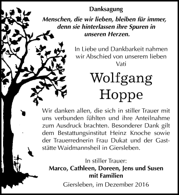 Traueranzeige von Wolfgang Hoppe von Mitteldeutsche Zeitung Aschersleben