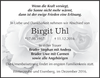 Traueranzeige von Birgit Uhl von Super Sonntag Zeitz