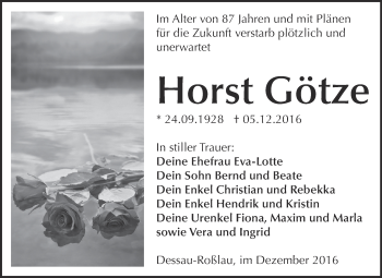 Traueranzeige von Horst Götze von WVG - Wochenspiegel Dessau / Köthen