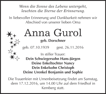 Traueranzeige von Anna Gurol von WVG - Wochenspiegel Bitterfeld