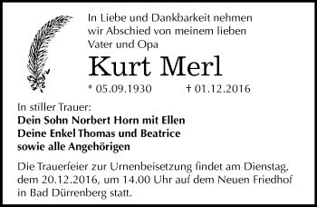 Traueranzeige von Kurt Merl von Mitteldeutsche Zeitung Merseburg/Querfurt