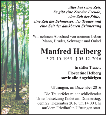 Traueranzeige von Manfred Helberg von Mitteldeutsche Zeitung Sangerhausen