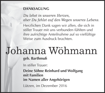 Traueranzeige von Johanna Wöhmann von Super Sonntag Merseburg