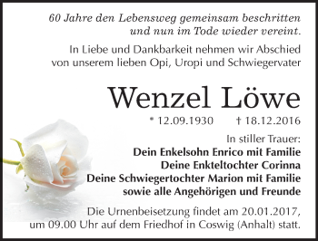 Traueranzeige von Wenzel Löwe von Mitteldeutsche Zeitung Wittenberg