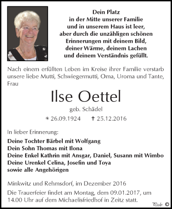 Traueranzeige von Ilse Oettel von Super Sonntag Zeitz