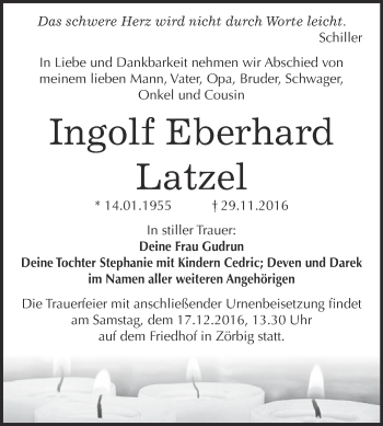 Traueranzeige von Ingolf Eberhard Latzel von WVG - Wochenspiegel Bitterfeld