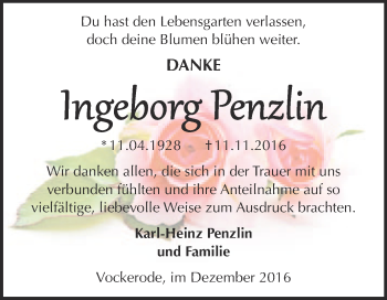 Traueranzeige von Ingeborg Penzlin von Super Sonntag Wittenberg