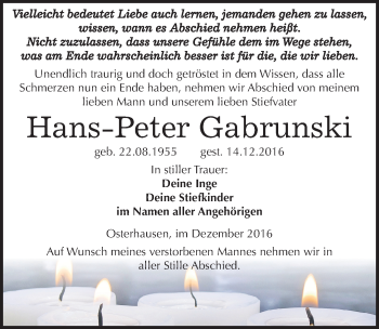 Traueranzeige von Hans-Peter Gabrunski von Mitteldeutsche Zeitung Mansfelder Land