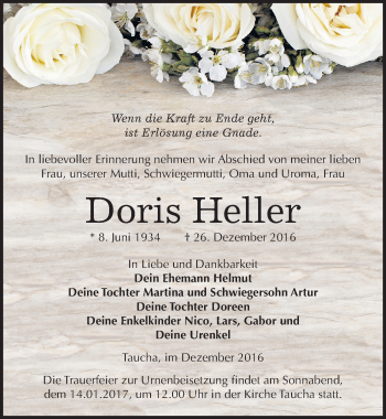 Traueranzeige von Doris Heller von Mitteldeutsche Zeitung Weißenfels