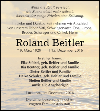 Traueranzeige von Roland Beitler von Super Sonntag Zeitz