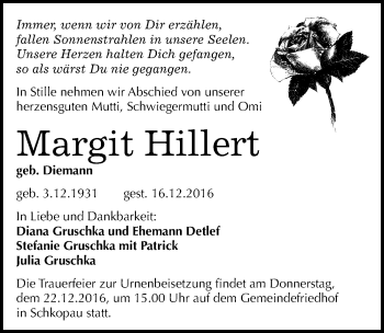Traueranzeige von Margit Hillert von Mitteldeutsche Zeitung Merseburg/Querfurt