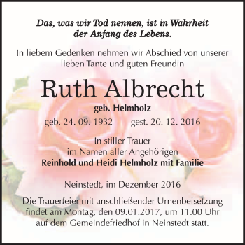 Traueranzeige von Ruth Albrecht von WVG - Wochenspiegel Quedlinburg