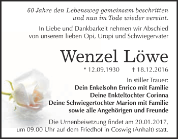 Traueranzeige von Wenzel Löwe von Super Sonntag Wittenberg