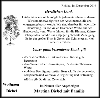 Traueranzeige von Wolfgang Diebel von Mitteldeutsche Zeitung Dessau-Roßlau