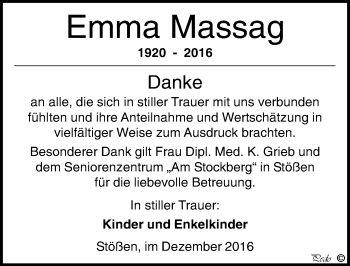 Traueranzeige von Emma Massag von Mitteldeutsche Zeitung Weißenfels