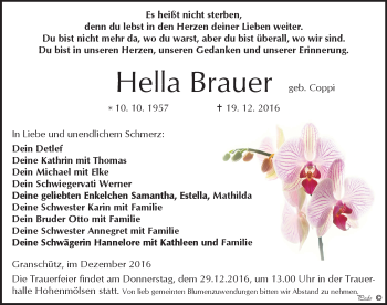 Traueranzeige von Hella Brauer von Mitteldeutsche Zeitung Weißenfels