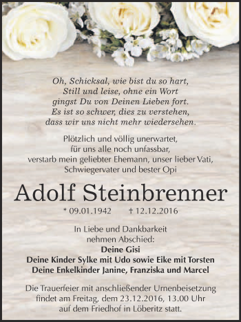 Traueranzeige von Adolf Steinbrenner von WVG - Wochenspiegel Bitterfeld