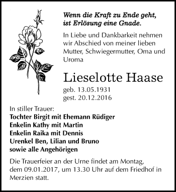Traueranzeige von Lieselotte Haase von Mitteldeutsche Zeitung Köthen