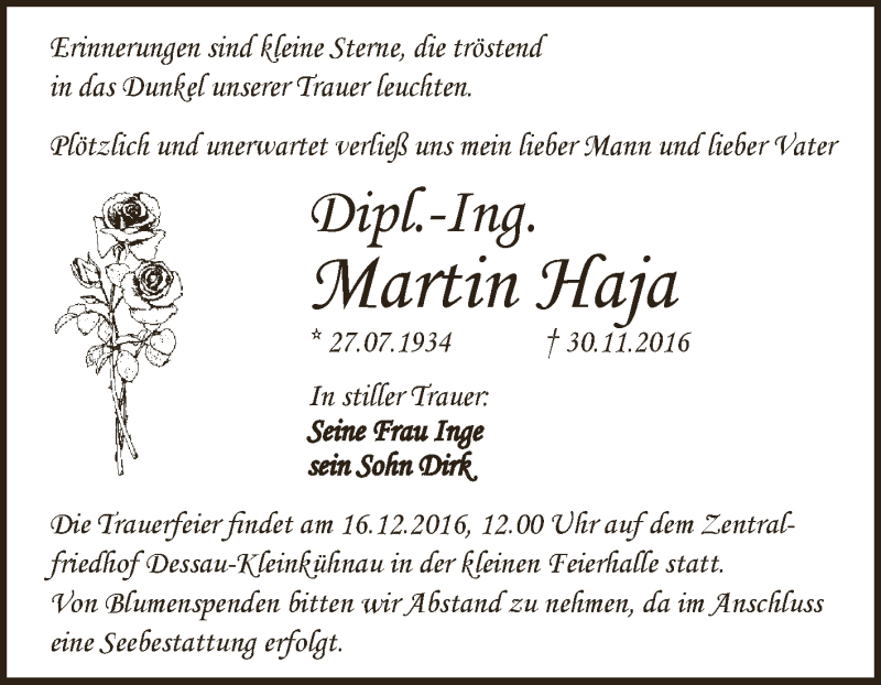  Traueranzeige für Martin Haja vom 10.12.2016 aus WVG - Wochenspiegel Dessau / Köthen