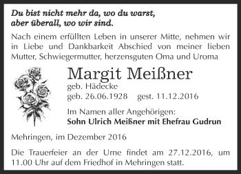 Traueranzeige von Margit Meißner von Super Sonntag Aschersleben
