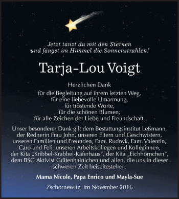 Traueranzeige von Tarja-Lou Voigt von WVG - Wochenspiegel Wittenberg