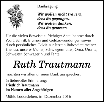 Traueranzeige von Ruth Trautmann von Mitteldeutsche Zeitung Merseburg/Querfurt