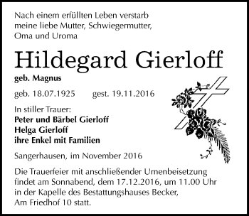Traueranzeige von Hildegard Gierloff von Mitteldeutsche Zeitung Sangerhausen