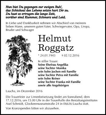 Traueranzeige von Helmut Roggatz von Mitteldeutsche Zeitung Naumburg/Nebra