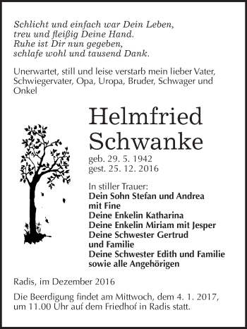 Traueranzeige von Helmfried Schwanke von WVG - Wochenspiegel Wittenberg