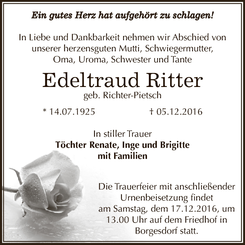  Traueranzeige für Edeltraud Ritter vom 10.12.2016 aus Super Sonntag Bernburg