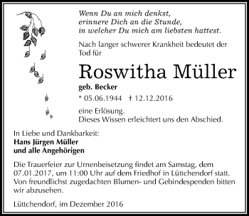 Traueranzeige von Roswitha Müller von Mitteldeutsche Zeitung Mansfelder Land