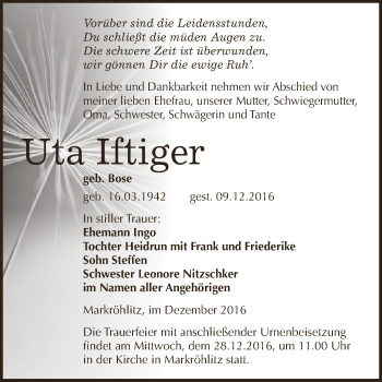 Traueranzeige von Uta Iftiger von WVG - Wochenspiegel NMB / WSF / ZTZ