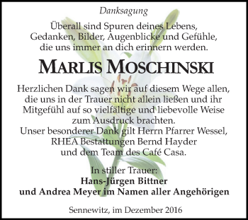 Traueranzeige von Marlis Moschinski von WVG - Wochenspiegel Dessau / Köthen