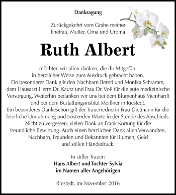 Traueranzeige von Ruth Albert von Super Sonntag SGH Mansf. Land