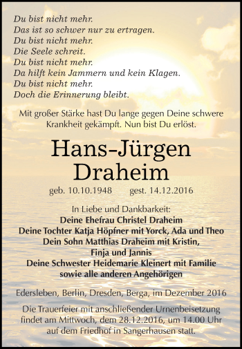 Traueranzeige von Hans-Jürgen Draheim von Super Sonntag SGH Mansf. Land