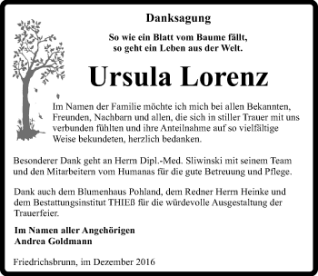 Traueranzeige von Ursula Lorenz von Mitteldeutsche Zeitung Quedlinburg