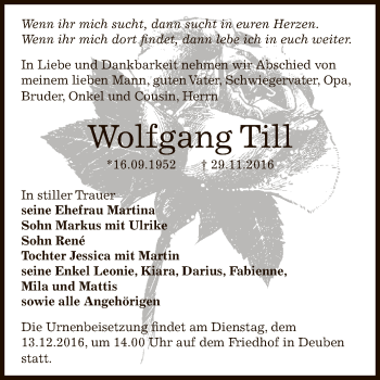 Traueranzeige von Wolfgang Till von WVG - Wochenspiegel NMB / WSF / ZTZ