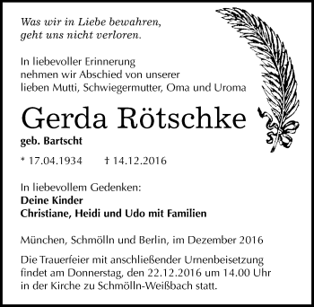 Traueranzeige von Gerda Rötschke von Mitteldeutsche Zeitung Dessau-Roßlau