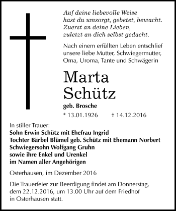 Traueranzeige von Marta Schütz von Mitteldeutsche Zeitung Mansfelder Land