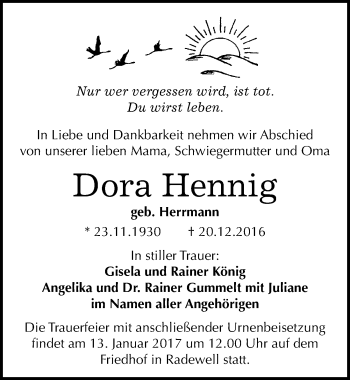 Traueranzeige von Dora Hennig von Mitteldeutsche Zeitung Halle/Saalkreis