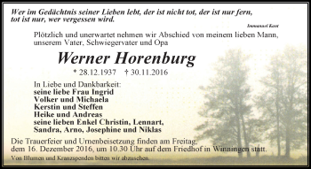 Traueranzeige von Werner Horenburg von Super Sonntag Aschersleben