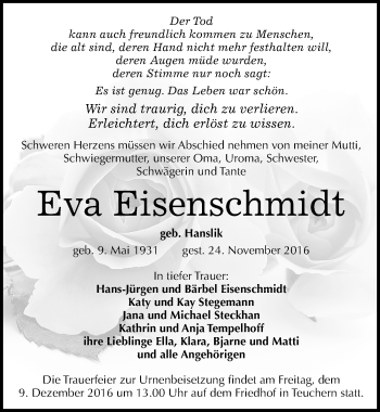 Traueranzeige von Eva Eisenschmidt von Mitteldeutsche Zeitung Weißenfels