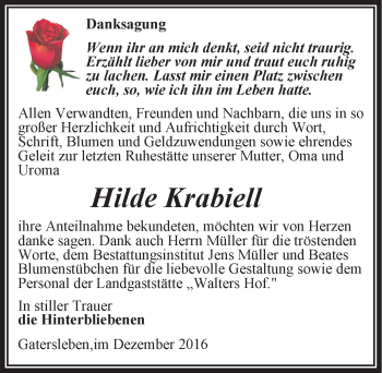 Traueranzeige von Hilde Krabiell von Mitteldeutsche Zeitung Aschersleben