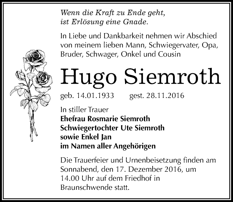  Traueranzeige für Hugo Siemroth vom 03.12.2016 aus Mitteldeutsche Zeitung Mansfelder Land