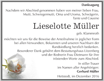 Traueranzeige von Lieselotte Müller von Super Sonntag SGH Mansf. Land