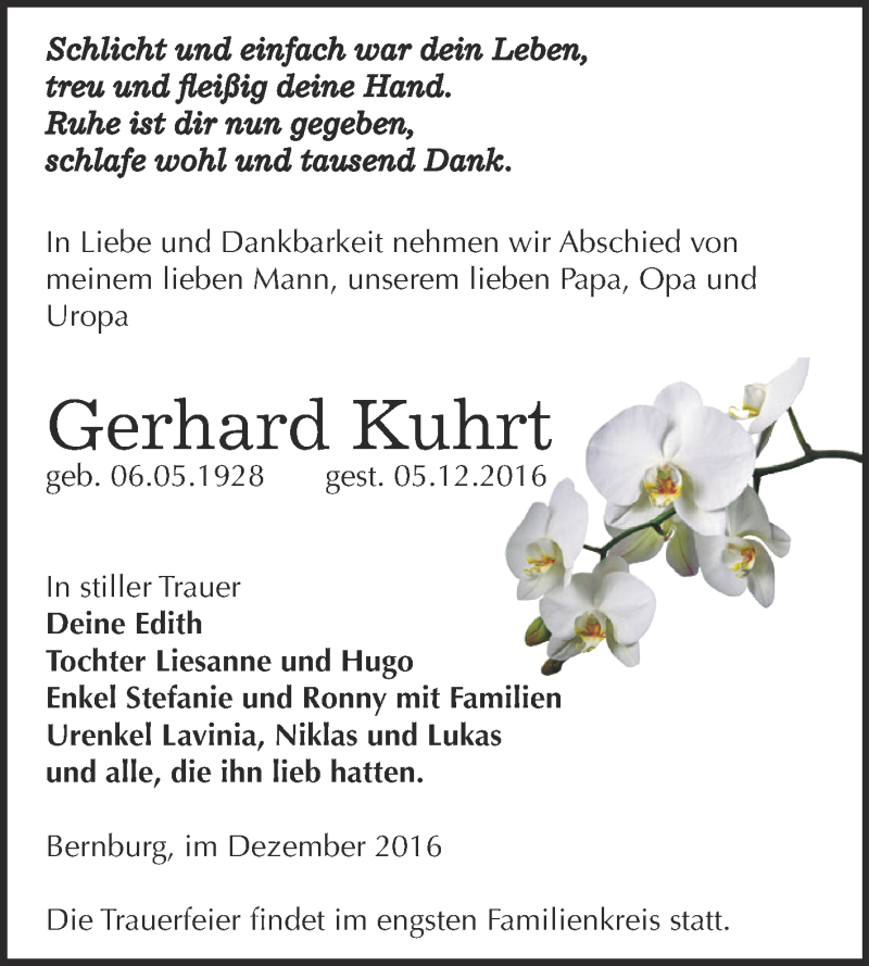  Traueranzeige für Gerhard Kuhrt vom 10.12.2016 aus Super Sonntag Bernburg