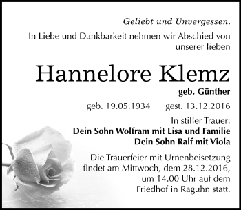 Traueranzeige von Hannelore Klemz von Mitteldeutsche Zeitung Bitterfeld